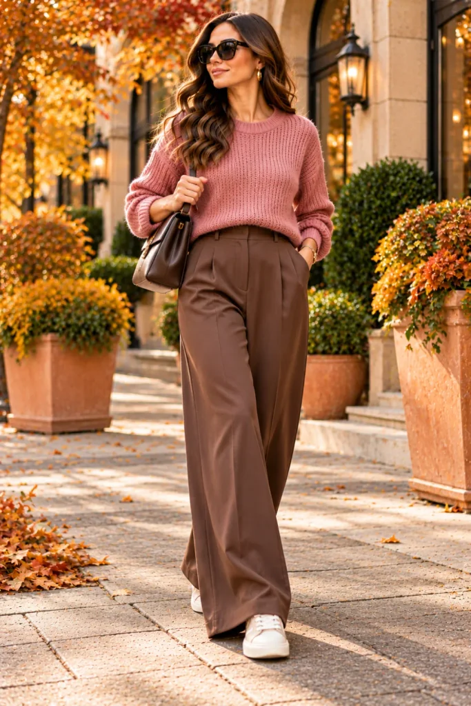 Dusty-rose knit sweater paired with mocha wide-leg trousers, cream sneakers, and a taupe handbag for an elegant autumn outfit.