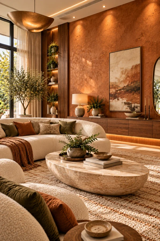 Designer-inspired modern living room with a rich terracotta and warm taupe accent wall, curved cream sofa, walnut furniture, sculptural travertine coffee table, and luxurious natural textures.