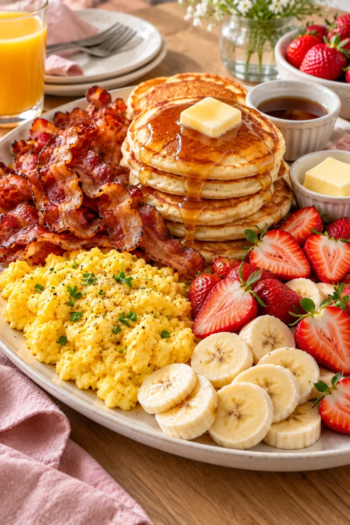 Easy breakfast platter with scrambled eggs, crispy bacon, fluffy mini pancakes, maple syrup, sliced bananas, and fresh strawberries for a colorful homemade brunch.