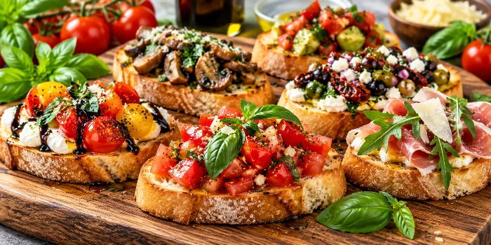 Easy bruschetta toppings for Italian appetizers featuring fresh tomato basil, roasted mushrooms, olives, creamy cheese, and prosciutto on golden toasted bread.
