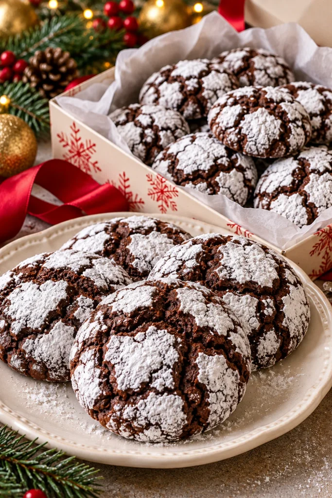Homemade chocolate crinkle Christmas cookies coated in powdered sugar, showing their signature cracked cocoa surfaces and arranged in a festive holiday gift box.