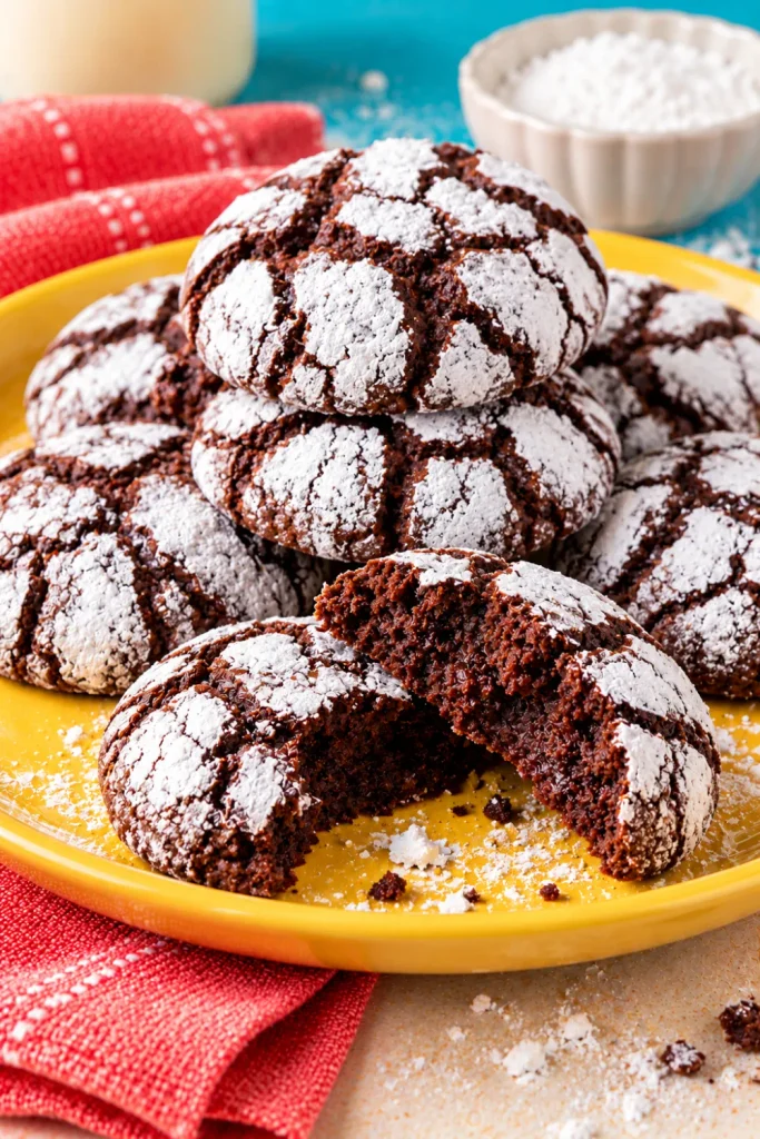 Easy chocolate crinkle cookies with rich cocoa centers, cracked powdered sugar coatings, and soft fudgy textures, perfect for homemade chocolate desserts.