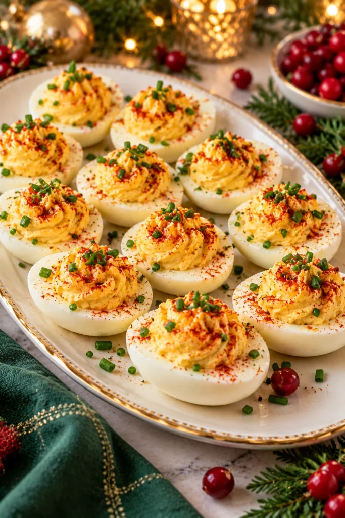 Easy Christmas Eve finger foods to bring to dinner with creamy deviled eggs topped with paprika and fresh chives, arranged on an elegant holiday platter for Christmas Eve entertaining.