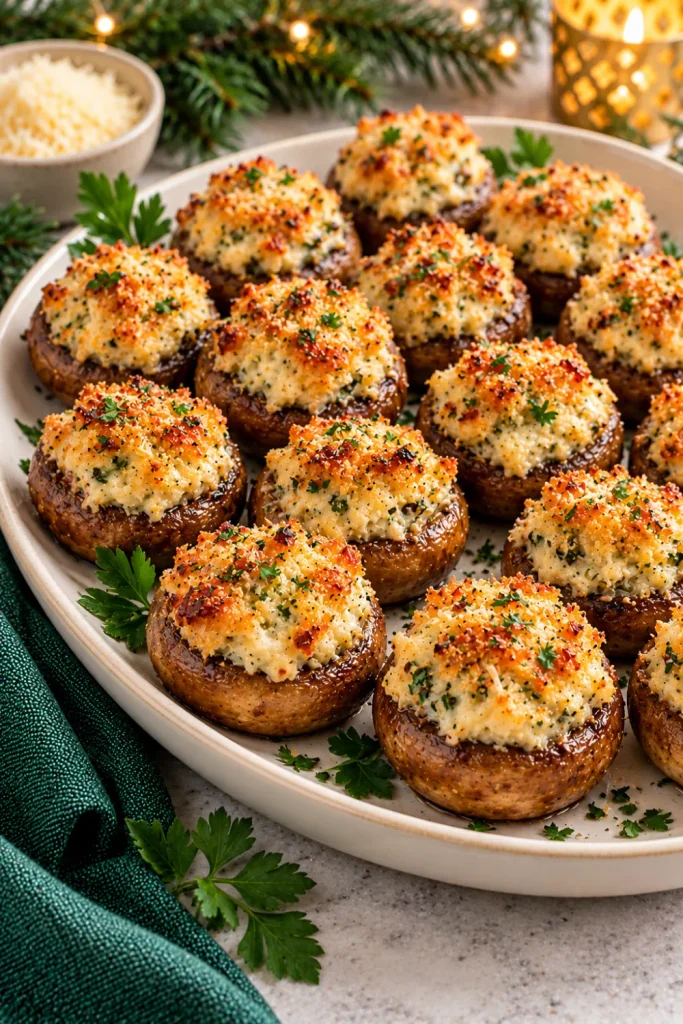Easy Christmas Eve finger foods for dinner parties featuring cheesy stuffed mushroom bites filled with garlic cream cheese, Parmesan, and golden breadcrumbs, finished with fresh parsley on an elegant Christmas appetizer platter.