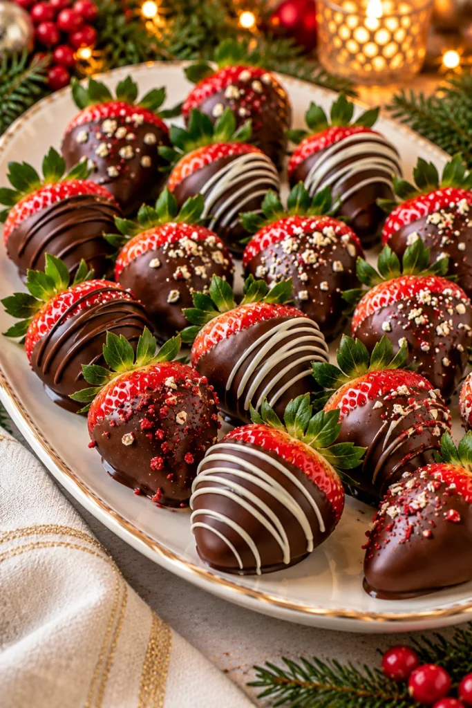 Easy Christmas Eve Finger Foods to Bring to Dinner featuring fresh chocolate-dipped strawberries with glossy dark chocolate and delicate white chocolate drizzles, arranged as an elegant Christmas Eve dessert finger food.