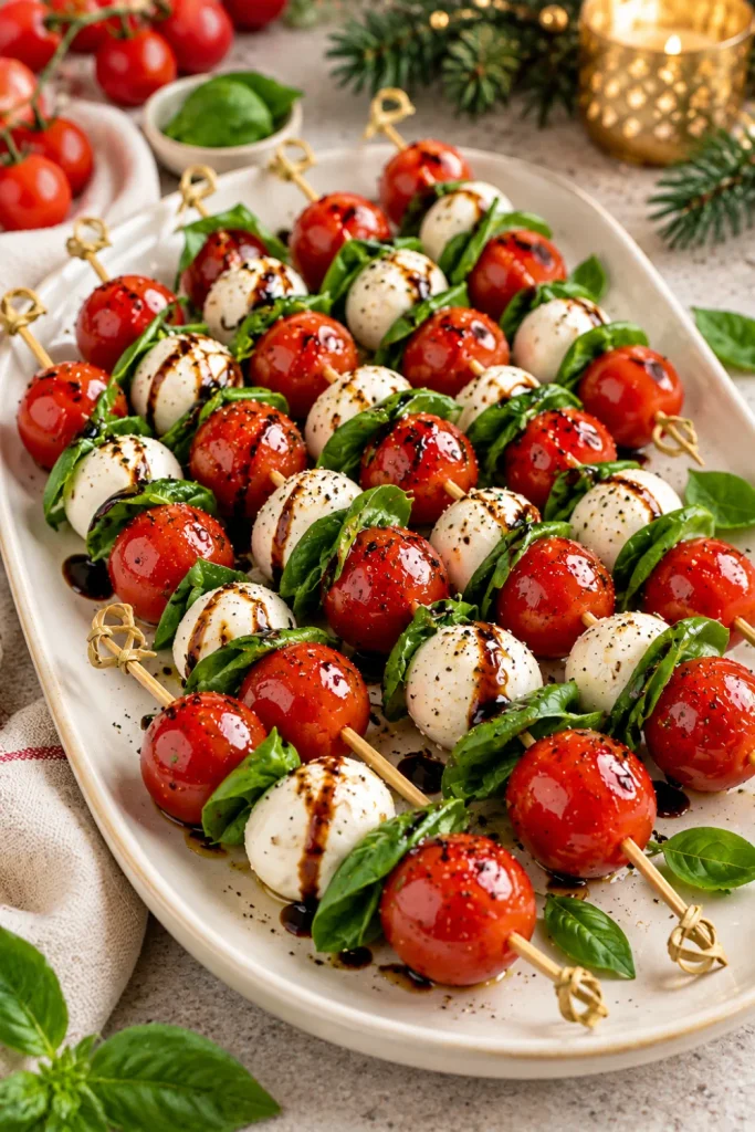 Easy Christmas Eve finger foods for dinner parties featuring Caprese appetizer skewers with bright red cherry tomatoes, white mozzarella balls, fresh green basil, and a light balsamic glaze on an elegant holiday platter.