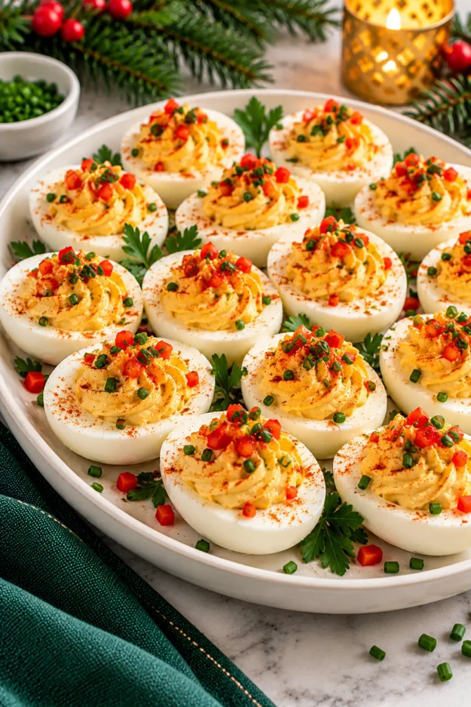 Easy Christmas Eve finger foods for dinner parties featuring classic deviled eggs with creamy piped yolk filling, paprika, fresh green chives, and festive red pepper garnishes on an elegant holiday platter.