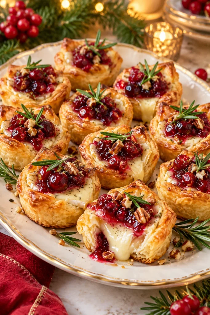 Easy Christmas Eve Finger Foods to Bring to Dinner featuring golden puff pastry cranberry brie bites with melted cheese, glossy cranberry sauce, and fresh rosemary on a festive holiday appetizer platter.
