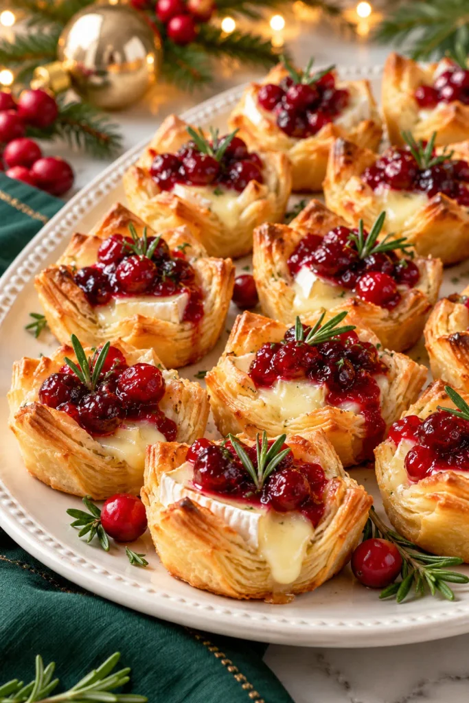 Easy Christmas Eve finger foods for dinner parties featuring golden cranberry brie puff pastry bites with melted creamy brie, ruby-red cranberry sauce, fresh rosemary, and festive green holiday styling.