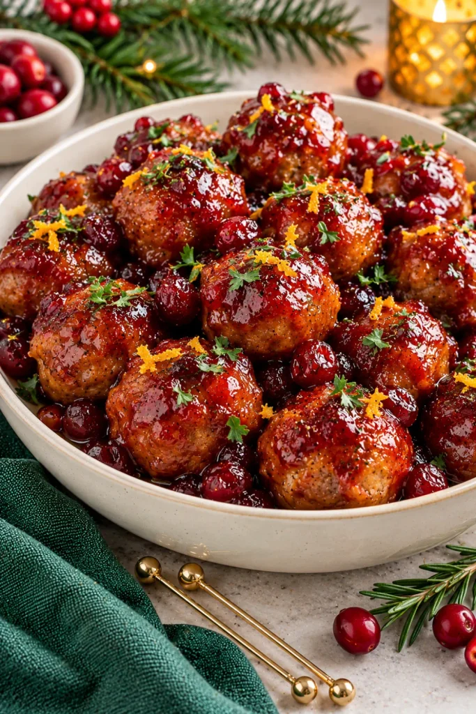 Easy Christmas Eve finger foods for dinner parties featuring cranberry-glazed party meatballs coated in a glossy sweet-and-savory sauce, garnished with fresh parsley and orange zest on a festive ivory serving platter.
