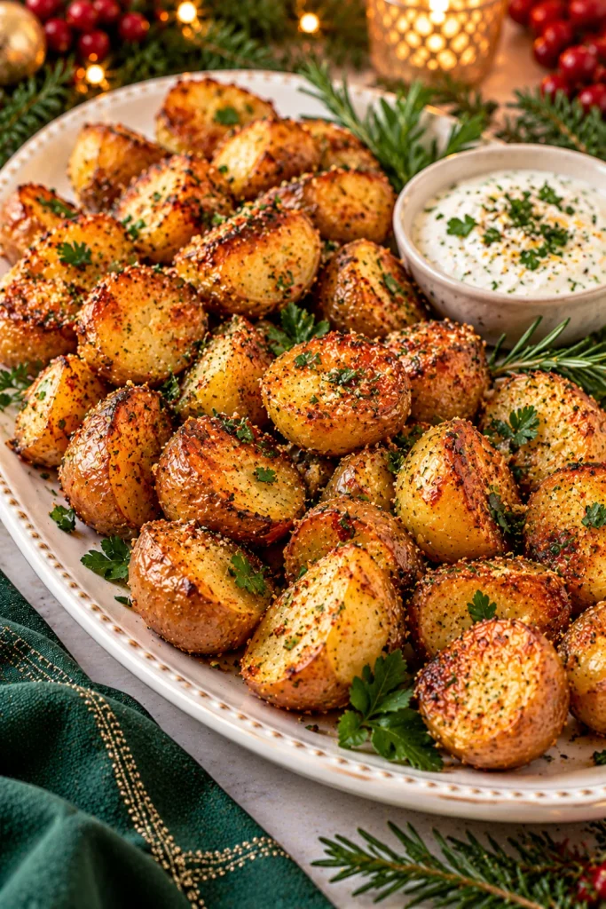 Easy Christmas Eve Finger Foods to Bring to Dinner featuring crispy golden roasted potato bites seasoned with paprika, garlic, and herbs, served with creamy yogurt dipping sauce for a budget-friendly Christmas party appetizer.