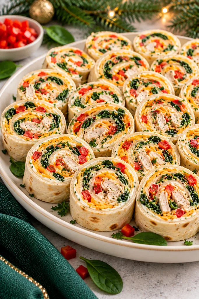 Easy Christmas Eve finger foods for dinner parties featuring colorful tortilla pinwheel sandwiches filled with cream cheese, cheddar, fresh spinach, red bell pepper, and cooked turkey, arranged in festive spirals on an ivory platter.