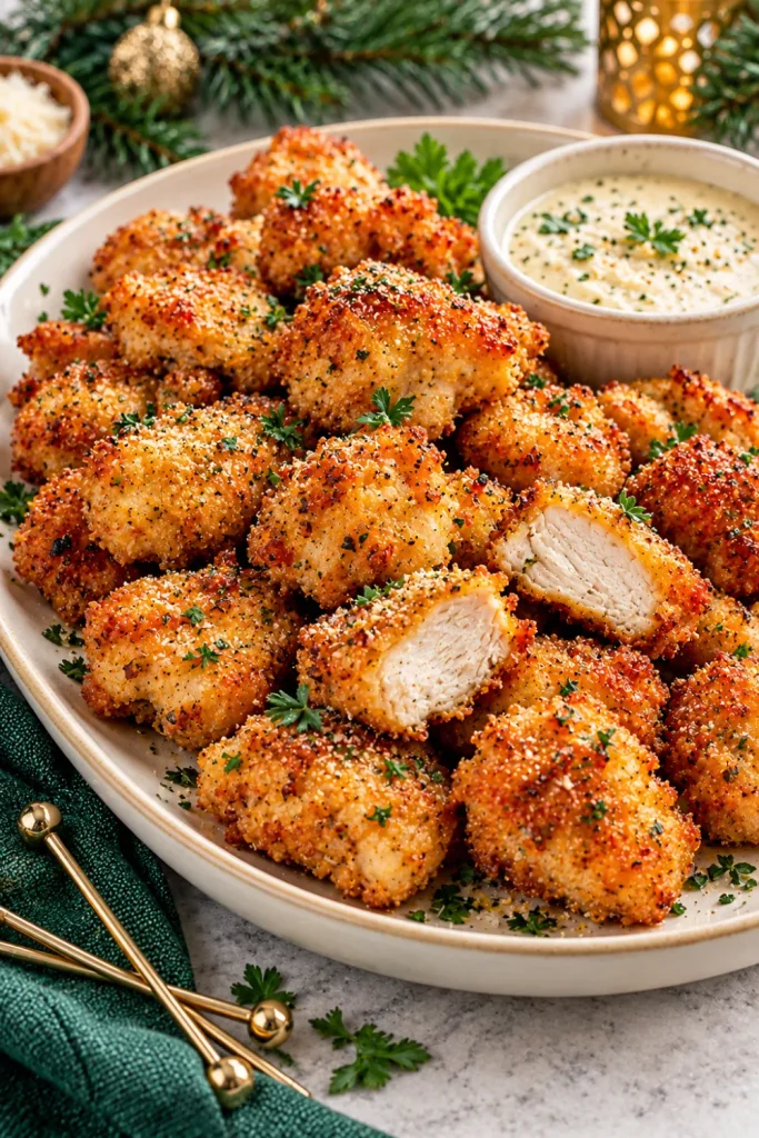 Easy Christmas Eve finger foods for dinner parties featuring golden garlic Parmesan chicken bites with a crisp herb breadcrumb coating, grated Parmesan, fresh parsley, and creamy garlic dipping sauce.
