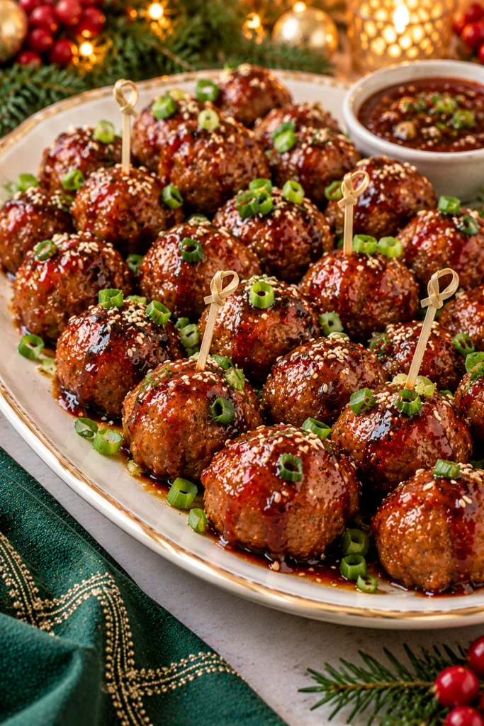 Easy Christmas Eve Finger Foods to Bring to Dinner featuring glossy honey garlic cocktail meatballs coated in a sweet-savory glaze and garnished with sesame seeds and green onions for a festive holiday party appetizer.