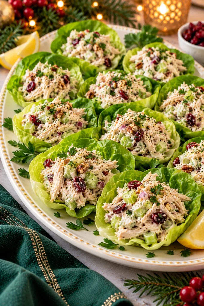 Easy Christmas Eve Finger Foods to Bring to Dinner featuring fresh lettuce cups filled with creamy shredded chicken salad, crunchy celery, parsley, and lemon, ideal for make-ahead Christmas Eve appetizers.