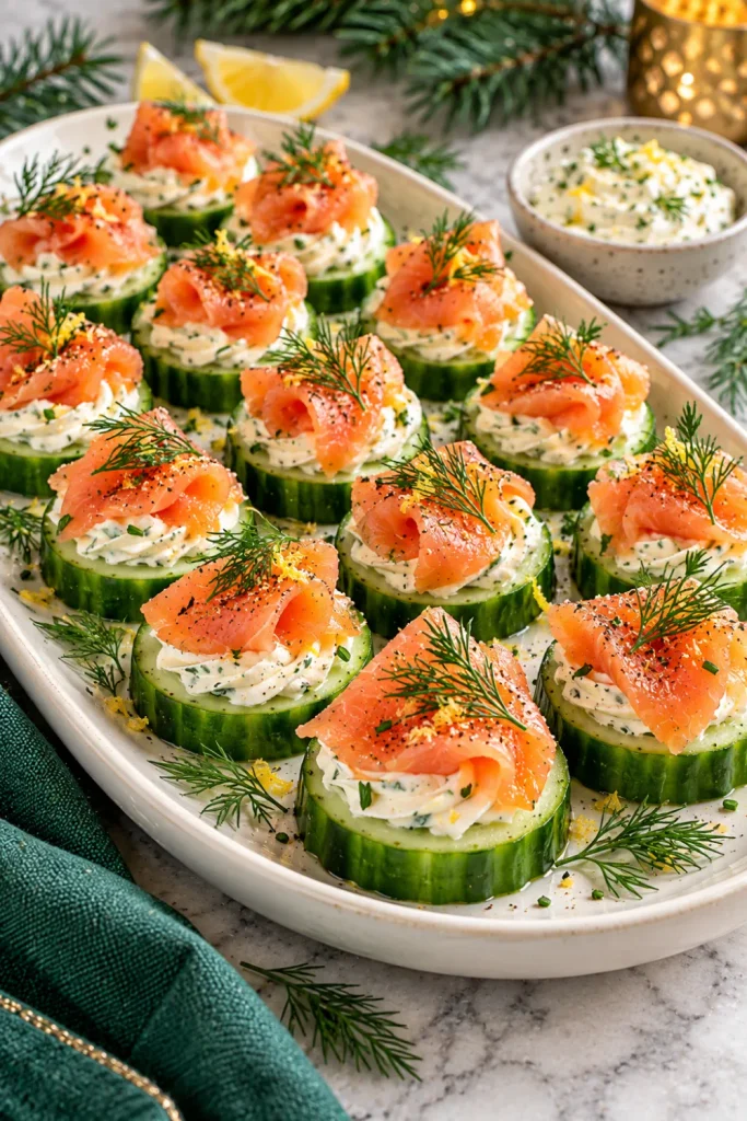 Easy Christmas Eve finger foods for dinner parties featuring smoked salmon cucumber bites topped with creamy herbed cream cheese, fresh dill, lemon zest, and delicate coral-pink salmon ribbons.