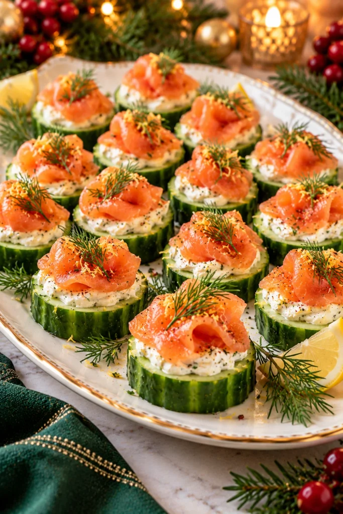Easy Christmas Eve Finger Foods to Bring to Dinner, featuring elegant smoked salmon cucumber bites topped with lemon cream cheese and fresh dill, perfect for festive Christmas Eve appetizers and holiday parties.