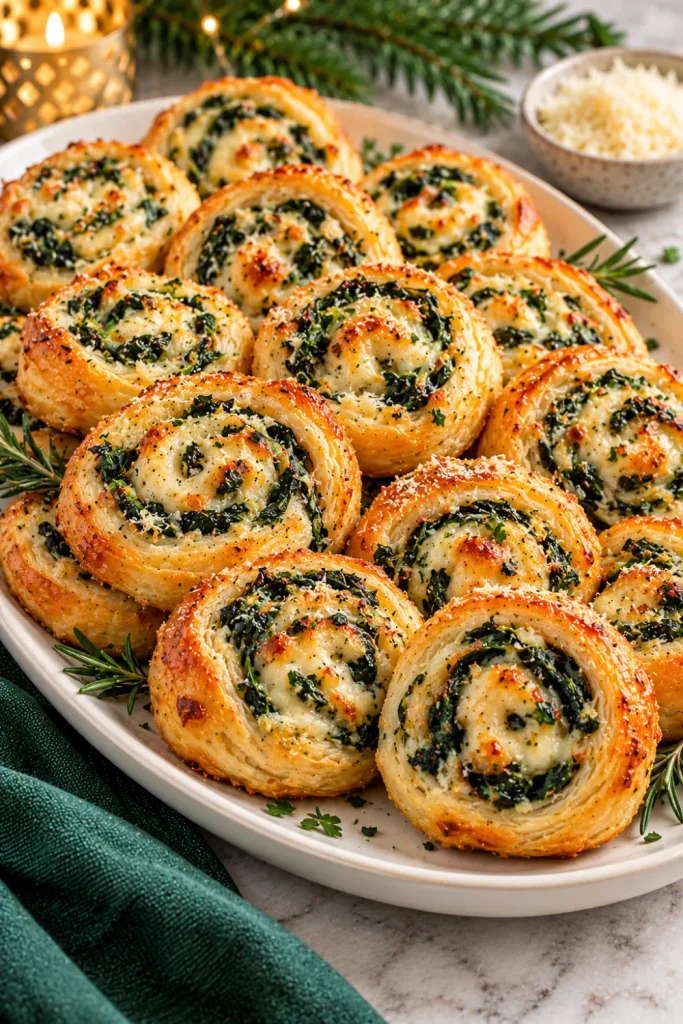 Easy Christmas Eve finger foods for dinner parties featuring golden spinach and cheese puff pastry pinwheels with flaky spiral layers, melted mozzarella, fresh green spinach, and a festive forest-green holiday table setting.