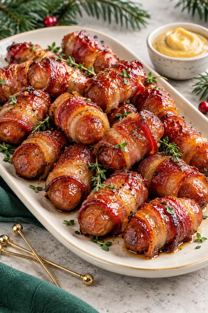 Easy Christmas Eve finger foods for dinner parties featuring caramelized bacon-wrapped cocktail sausages with a glossy honey-brown sugar glaze, fresh herbs, and a festive green and ivory serving display.