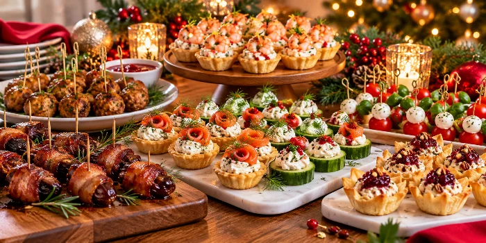 Easy Christmas Eve finger foods to bring to dinner, featuring festive shrimp tartlets, smoked salmon canapés, bacon-wrapped dates, savory meatballs, caprese skewers, and cranberry-topped pastry bites for a delicious holiday appetizer spread.