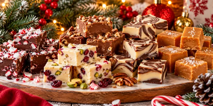 Easy Christmas fudge recipes for holiday treats featuring chocolate walnut fudge, peppermint fudge, salted caramel fudge, cranberry pistachio fudge, and creamy marbled chocolate fudge on a festive Christmas dessert board.