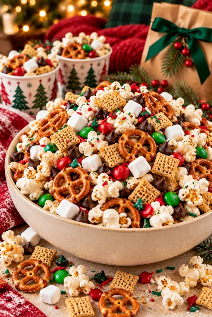 Easy Christmas movie night snack mix with fluffy popcorn, crunchy mini pretzels, chocolate chips, red and green candy-coated chocolates, crispy cereal, and mini marshmallows in a festive holiday bowl.