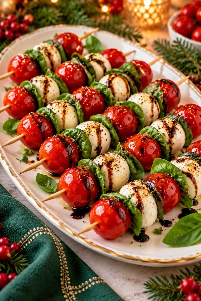 Easy Christmas Eve Finger Foods to Bring to Dinner, featuring colorful Caprese skewers with juicy cherry tomatoes, fresh basil leaves, and mini mozzarella balls on a modern festive appetizer platter.