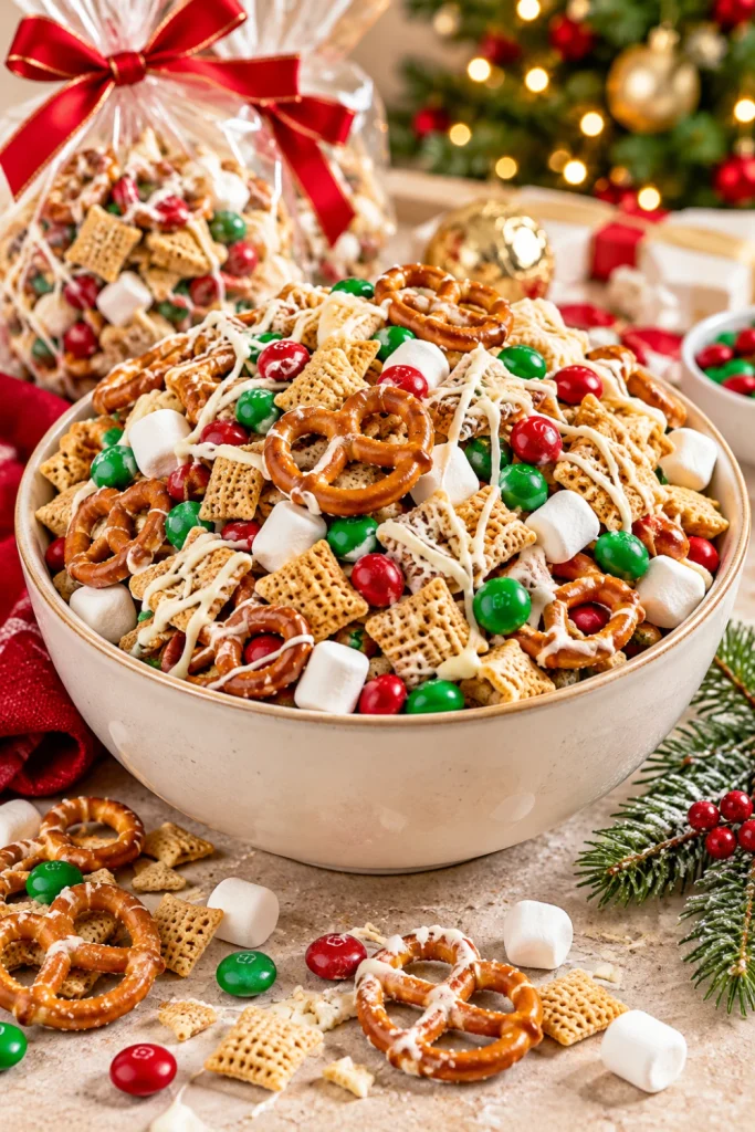 Easy Christmas snack mix recipes for parties and gifts featuring crunchy pretzels, crispy rice cereal, red and green candy-coated chocolates, mini marshmallows, and white chocolate drizzle in a festive holiday serving bowl.