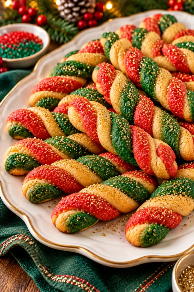 Easy Christmas sugar cookie twists in red and green with gold sanding sugar, arranged on an ivory holiday platter with festive sprinkles and modern Christmas table decorations.