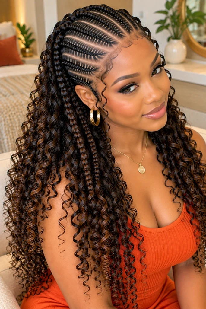 Simple polished cornrow braids with soft curly ends on a Black woman, photographed in a bright close-up portrait showing clean sections, natural texture, understated contemporary styling, and a practical everyday finish.