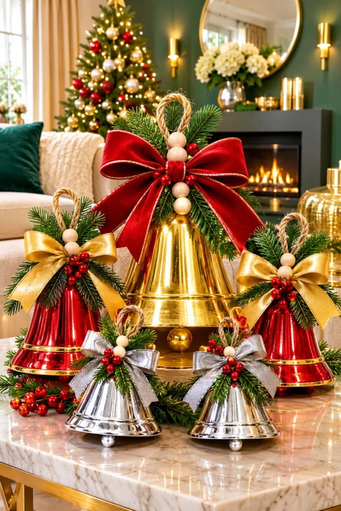 Easy DIY Christmas bells with gold metallic finishes, red velvet bows, green Christmas foliage, and warm white lights styled on a modern festive mantel.