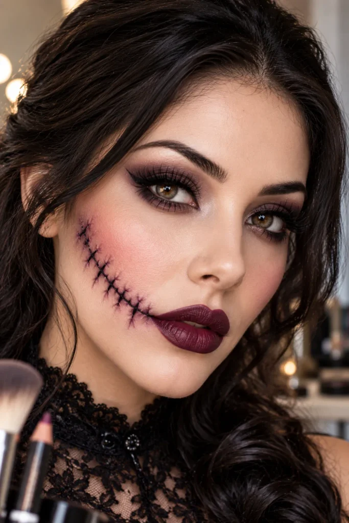 Easy DIY fake-stitch Halloween makeup for beginners featuring a pale foundation base, simple black cosmetic stitch lines across one cheek, subtle burgundy shading, and smoky gothic eye makeup.