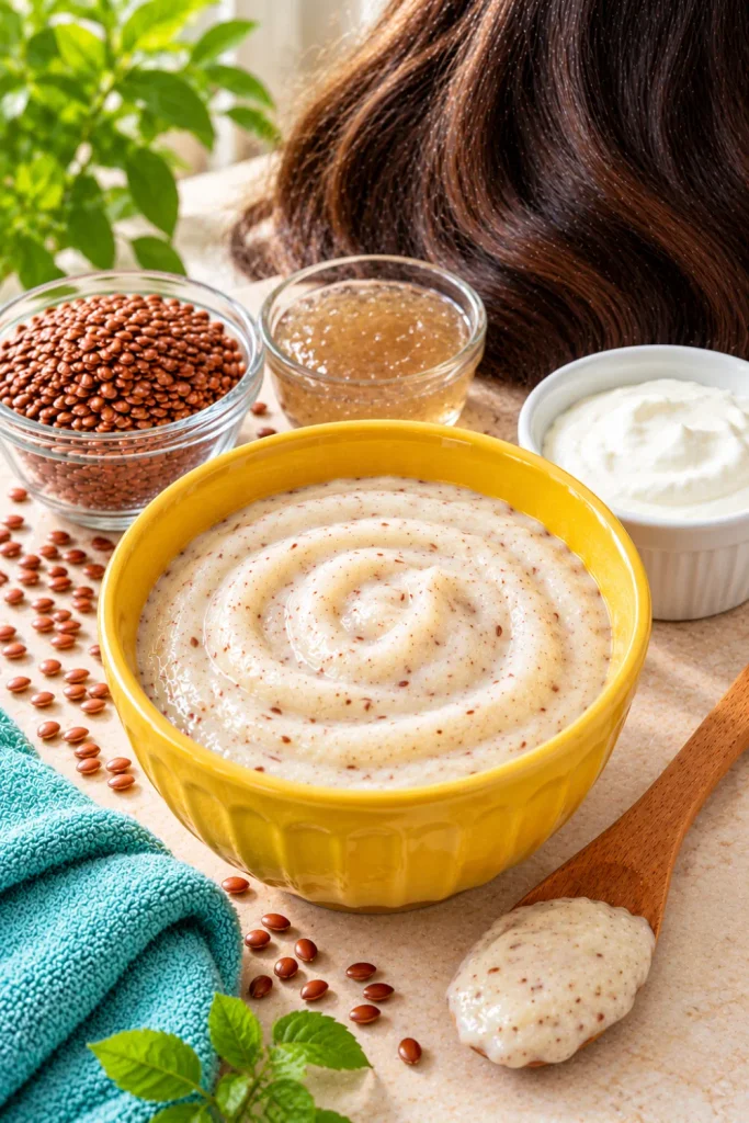 Easy DIY Flaxseed and Curd Hair Mask for Shine made with plain curd and homemade flaxseed gel, featuring fresh natural ingredients in a bright modern beauty setup.