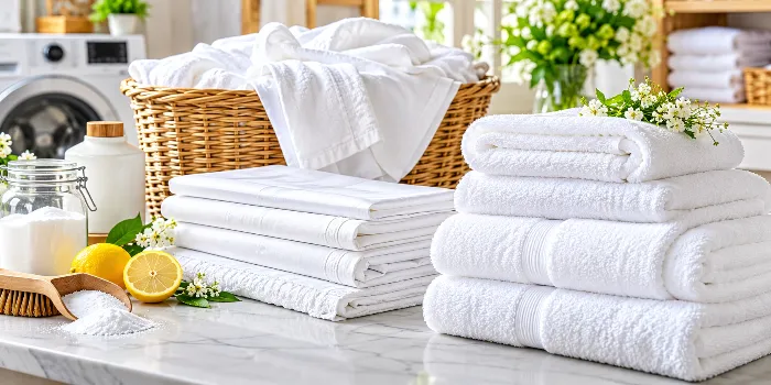Easy DIY guide to cleaning and folding white textiles at home, featuring neatly folded white towels, fresh linens, and simple laundry cleaning supplies.