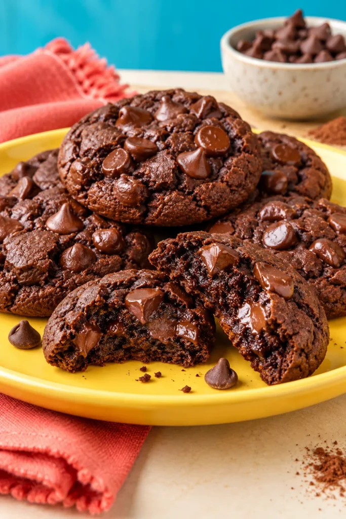 Easy double chocolate cookies with rich cocoa dough, melted chocolate chips, soft fudgy centers, and slightly crisp edges for chocolate lovers.