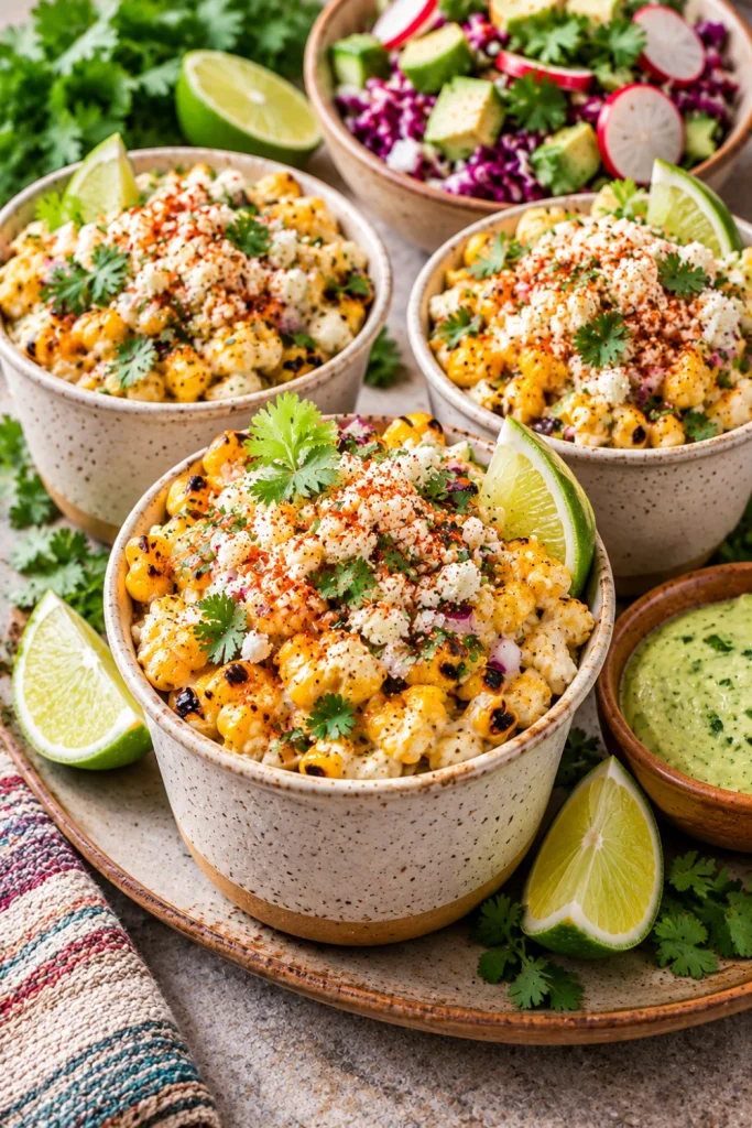 Colorful Mexican esquites street corn cups with charred corn kernels, creamy lime dressing, cheese, chile seasoning, and cilantro in a modern serving display.