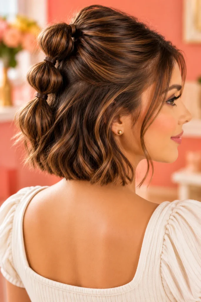 Easy everyday half-up bubble braids for a short bob featuring simple mini elastics, natural brunette hair, and a casual polished finish.