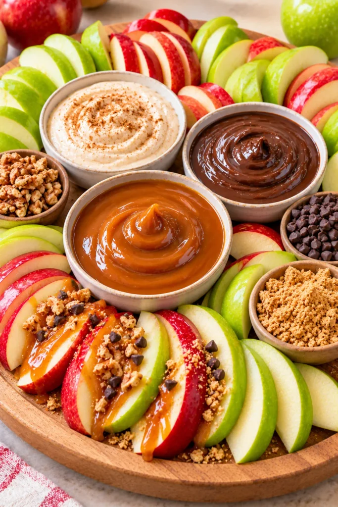 Easy Fruits Dipping Board With 3 Sweet Dips featuring crisp red and green apple wedges, golden caramel sauce, dark chocolate dip, cinnamon yogurt, crushed biscuits, and chopped walnuts on a dessert board.