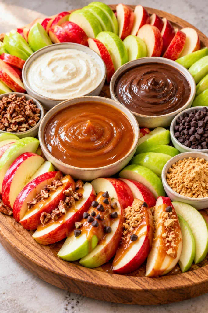 Easy Fruits Dipping Board With 3 Sweet Dips featuring crisp apple wedges, golden caramel sauce, creamy vanilla yogurt, melted chocolate, chopped pecans, mini chocolate chips, and crushed biscuits.