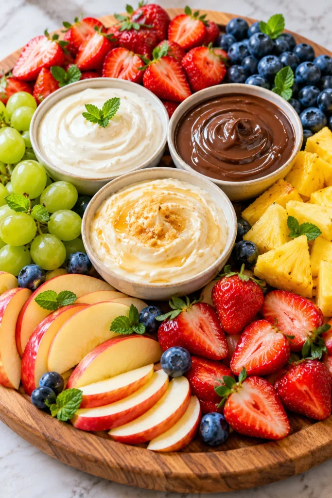 Easy Fruits Dipping Board With 3 sweet dips featuring fresh strawberries, blueberries, green grapes, pineapple, apple slices, vanilla yogurt dip, chocolate dip, and honey cream cheese dip arranged on a colorful fruit platter.