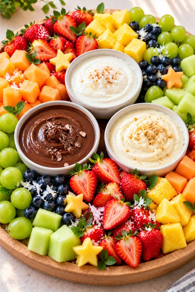 Easy Fruits Dipping Board With 3 sweet dips featuring strawberries, green grapes, pineapple, blueberries, melon cubes, chocolate dip, vanilla yogurt dip, and cream cheese dip on a festive fruit platter.