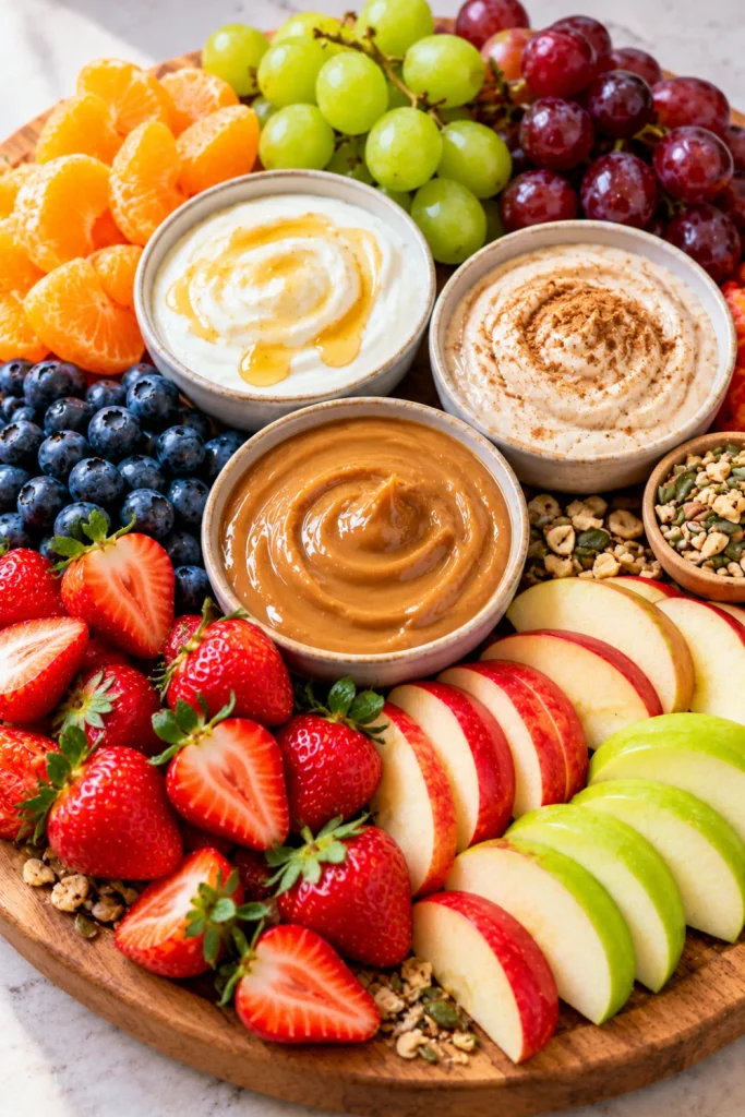 Easy Fruits Dipping Board With 3 Sweet Dips featuring strawberries, apple slices, orange segments, blueberries, grapes, Greek yogurt honey dip, cinnamon yogurt dip, and creamy peanut butter.