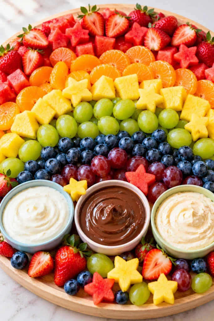 Easy Fruits Dipping Board With 3 Sweet Dips featuring a rainbow of strawberries, orange slices, pineapple, green grapes, blueberries, purple grapes, vanilla yogurt, chocolate sauce, and cream cheese dip.