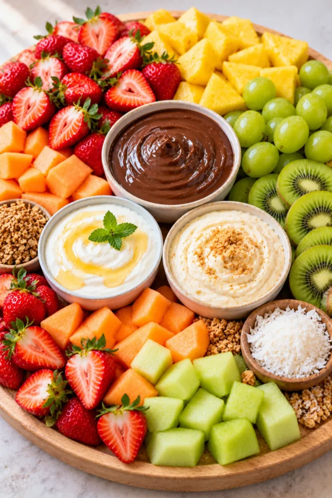 Easy Fruits Dipping Board With 3 Sweet Dips featuring strawberries, pineapple, melon cubes, green grapes, kiwi slices, chocolate dip, honey yogurt dip, cream cheese dip, granola, and coconut toppings for parties.
