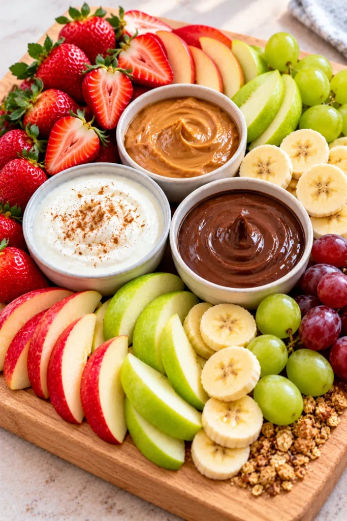 Easy Fruits Dipping Board With 3 Sweet Dips featuring fresh banana slices, apple wedges, strawberries, green grapes, creamy yogurt, peanut butter, and melted chocolate for a quick everyday fruit snack.