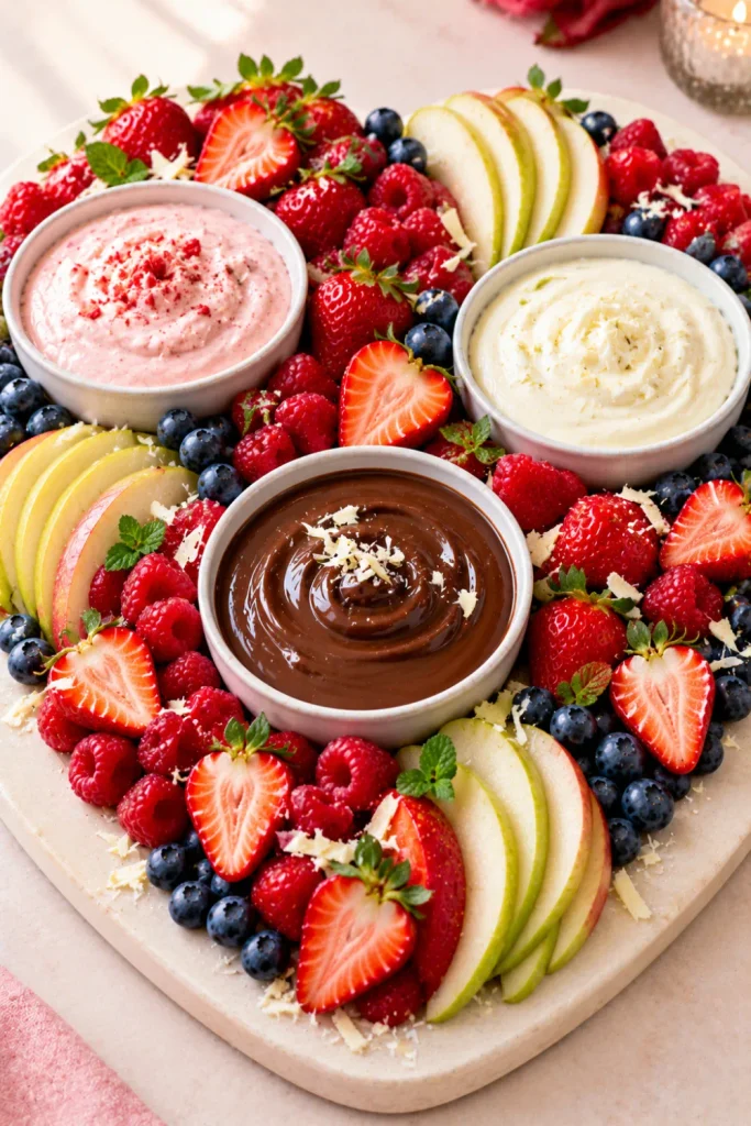 Easy Fruits Dipping Board With 3 Sweet Dips featuring fresh strawberries, raspberries, blueberries, pear slices, dark chocolate dip, vanilla cream cheese dip, strawberry yogurt, and white chocolate shavings for a romantic dessert.