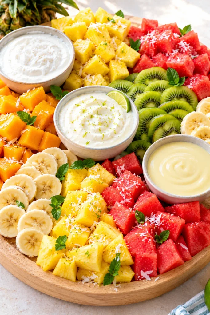 Easy Fruits Dipping Board With 3 Sweet Dips featuring mango, pineapple, watermelon, kiwi, banana, coconut yogurt dip, lime honey yogurt dip, and white chocolate sauce on a vibrant tropical fruit platter.