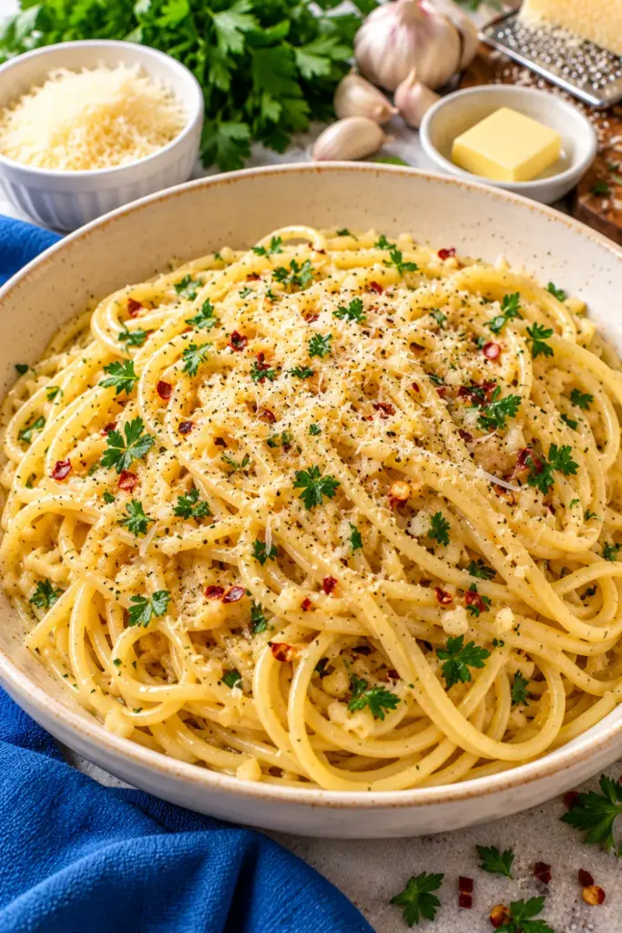 Easy garlic butter Parmesan pasta with glossy spaghetti, melted butter, fresh garlic, grated Parmesan, parsley, and cracked black pepper, a quick homemade pasta sauce recipe for busy weeknights.