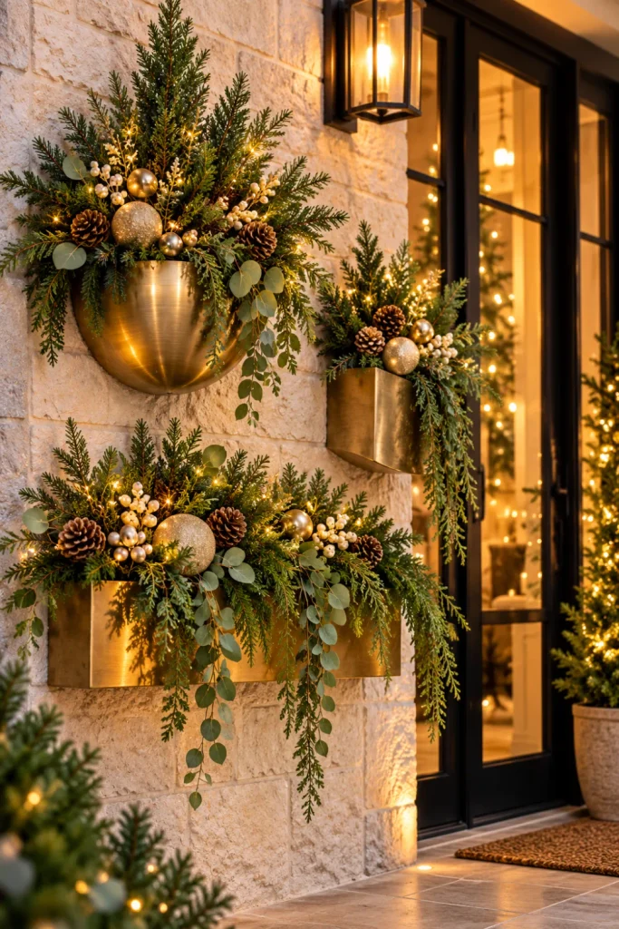 Elegant gold wall planters decorated with fresh evergreen foliage, red Christmas berries, pinecones, and warm festive accents on an outdoor garden wall, creating stylish Christmas garden decor.