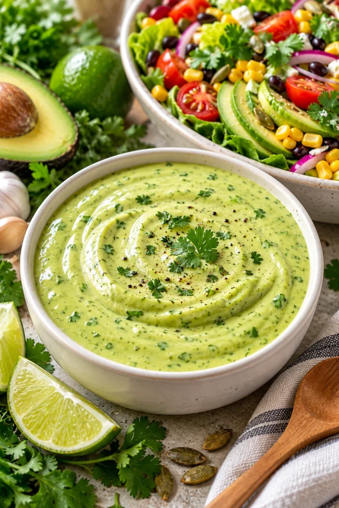 Creamy avocado lime dressing in a small bowl with bright green avocado, cilantro, lime wedges, garlic, leafy salad greens, cucumber, corn, tomatoes, and crunchy vegetables.